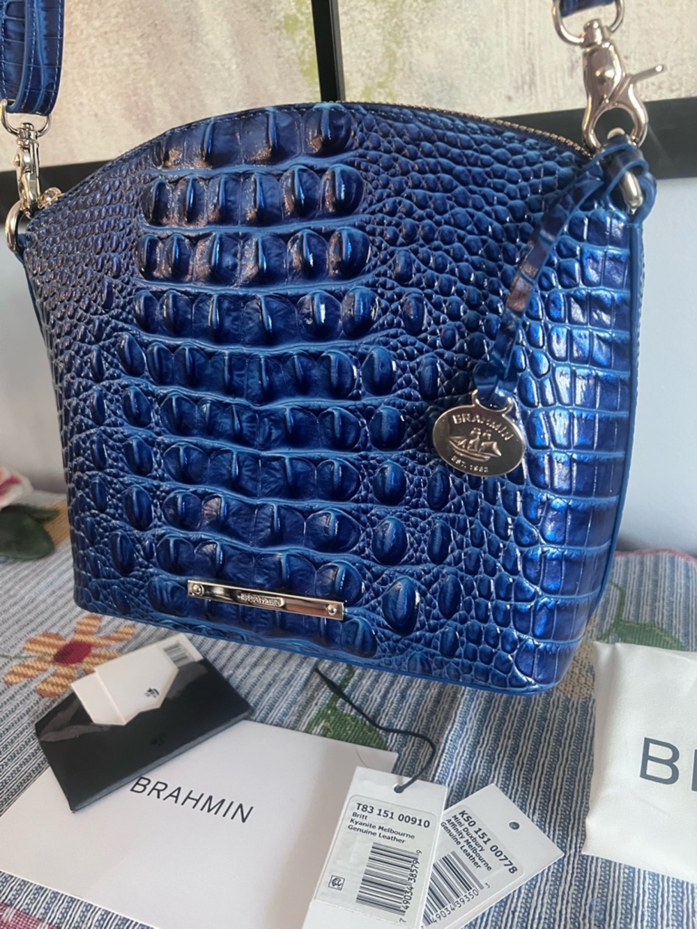 BRAHMIN MINI DUXBURY AFFINITY BLUE w METALLIC TIPPING LEATHER HANDBAG